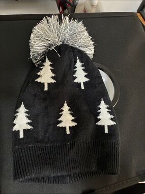Kids Black Knit Pom Beanie with White Tree Pattern